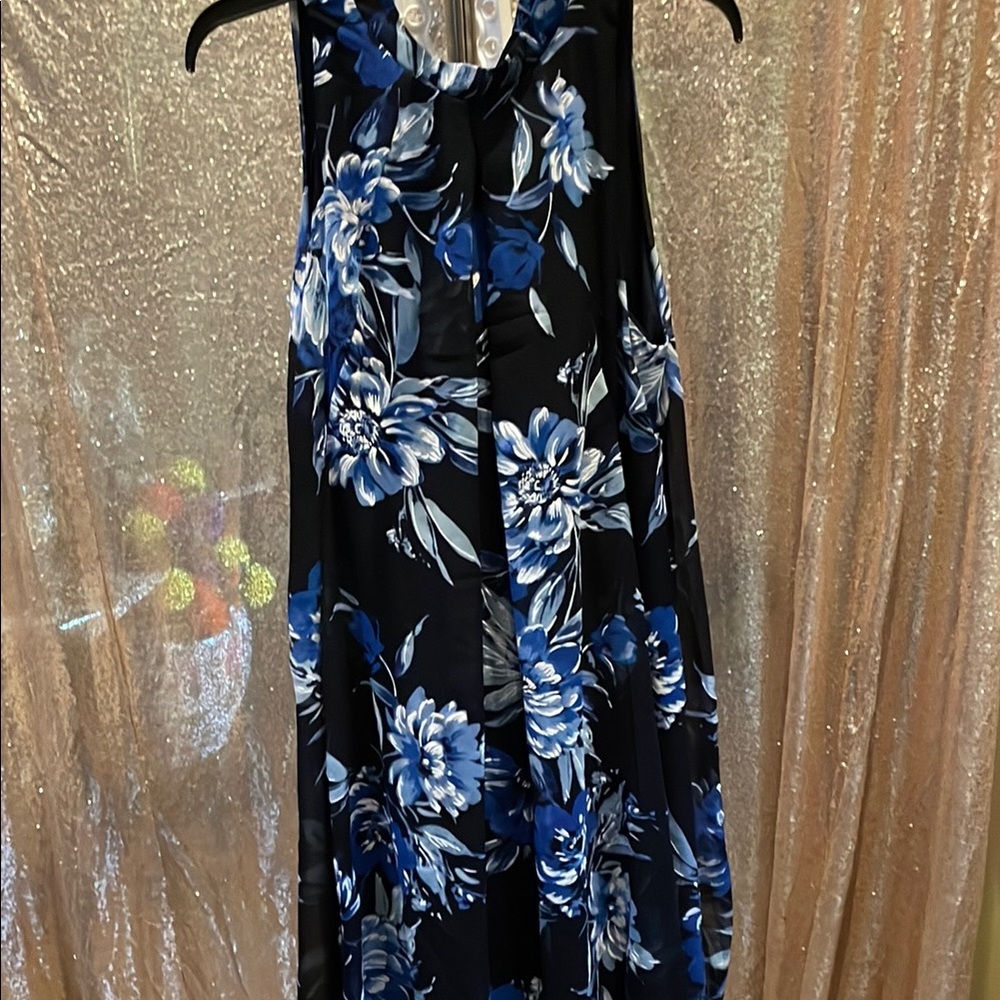 Robbie Bee Black Dress with Blue & White Floral Accents